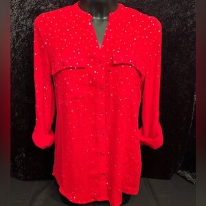 Coral Bay NWT Women’s Holiday Red Blouse with Silver Polka Dots. Size S.  H